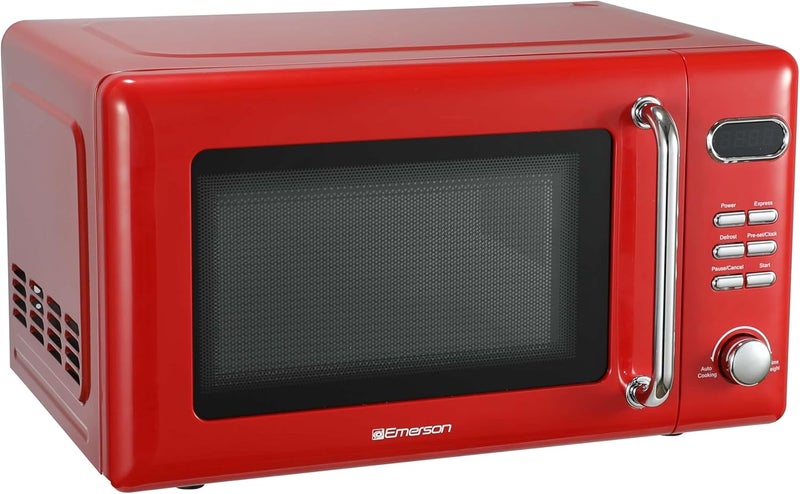 Emerson MWR7020RD Retro Compact Countertop Microwave Oven with Button Control, LED Display, 700W 5 Power Levels, 8 Auto Menus, Glass Turntable and Child Safe Lock, 0.7, Retro Red - Image 3